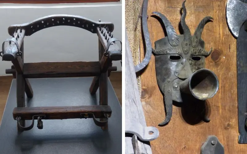 Museum display of historical punishment artifacts